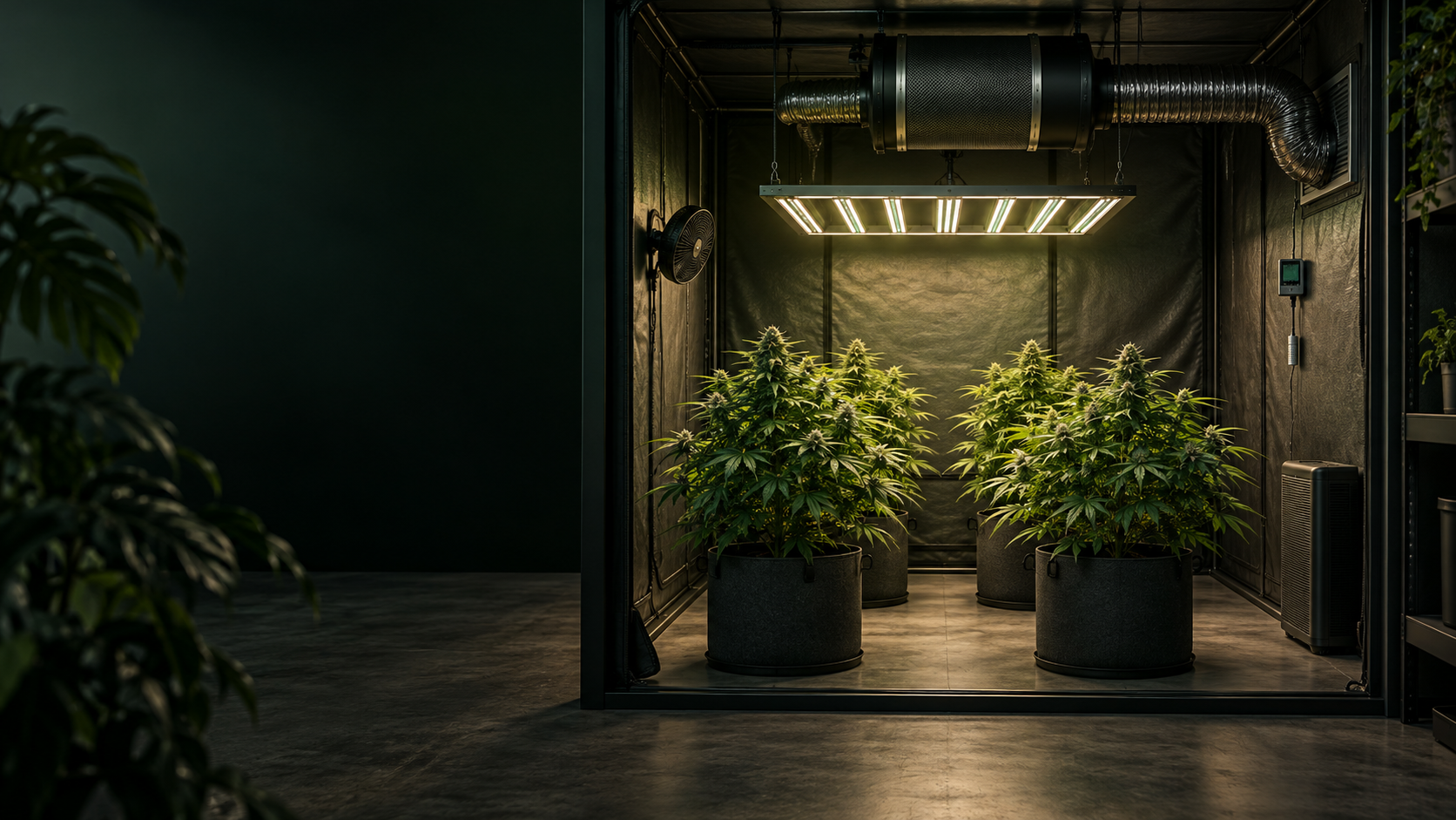 A finished premium grow room with tent, lighting and controls