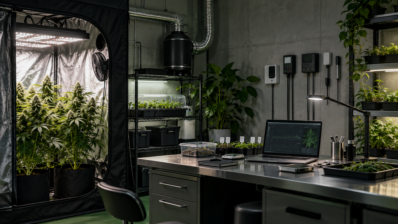 A modern cultivation research workspace with an open grow tent, environmental controls and organized equipment